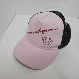 True Religion Pink w/ Black Mesh Adjustable Snapback Trucker Hat Cap One Size